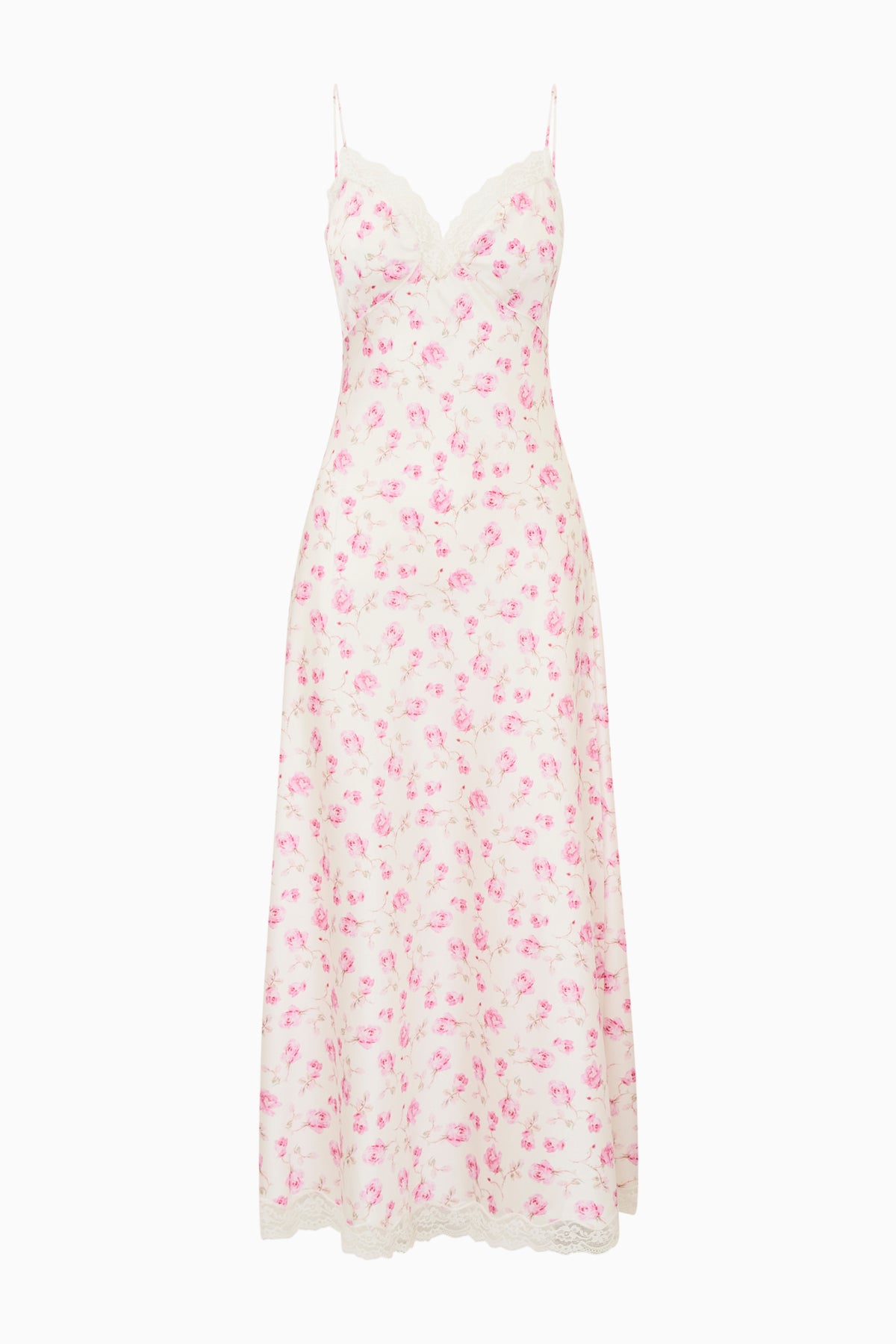Maxi slip dress with pink floral print, lace-trim V-neck and spaghetti straps