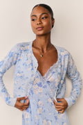 Blue floral print cotton cardigan, V-neck with button-front and long sleeves