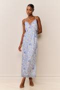 Light blue floral maxi slip dress with lace trim V-neck and spaghetti straps, full length