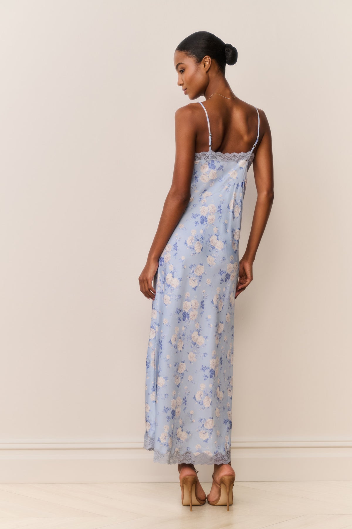 Heirloom print maxi slip dress, light blue floral with lace-trim spaghetti straps