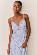 Heirloom print maxi slip dress, light blue floral with lace V-neck and thin straps