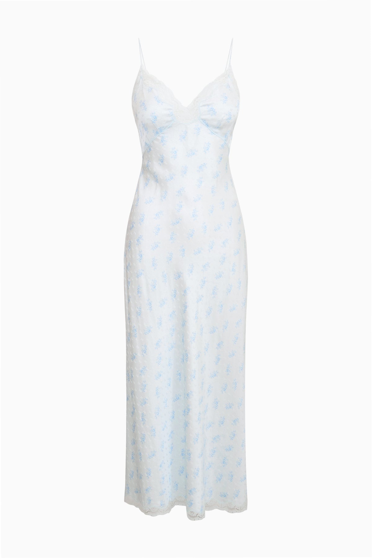 Light blue maxi slip dress with spaghetti straps and lace trim, sleeveless front