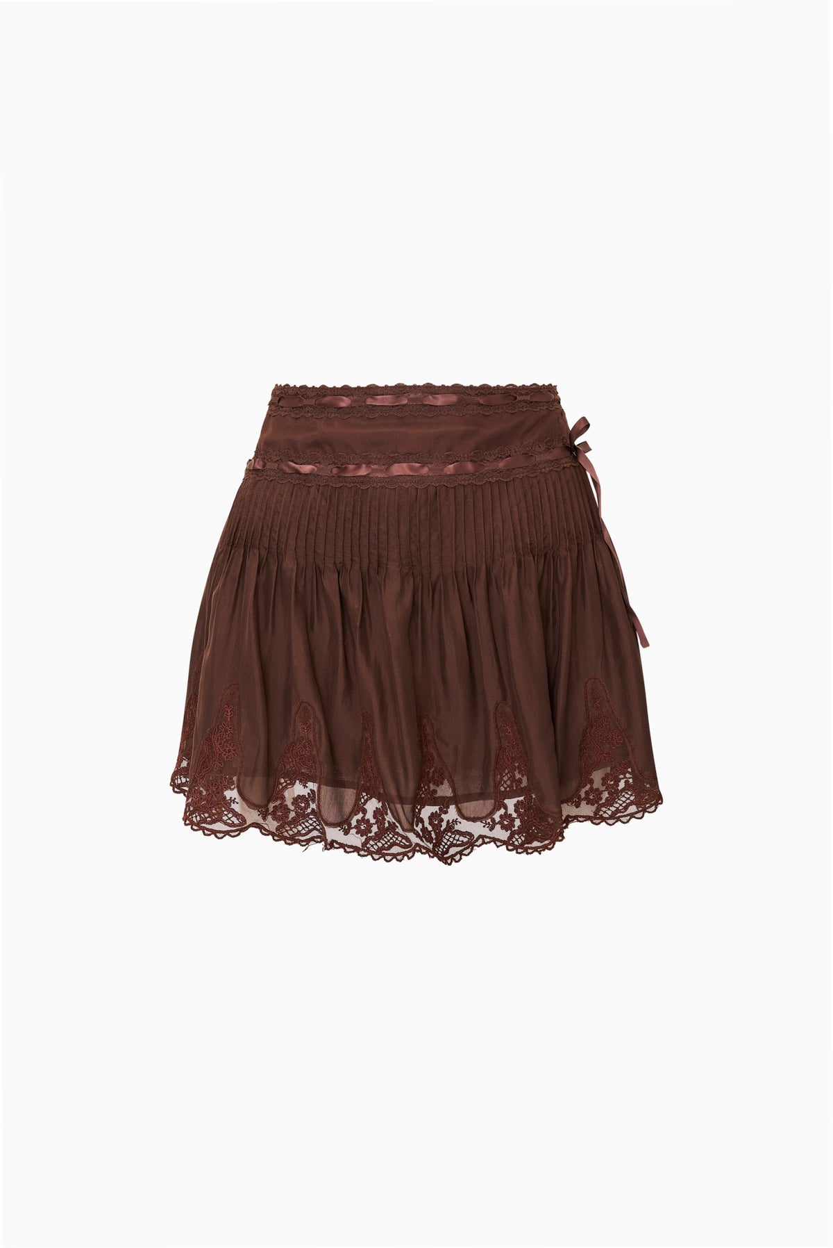Silk lace mini skirt, flat lay with gathered waist and lace scalloped hem