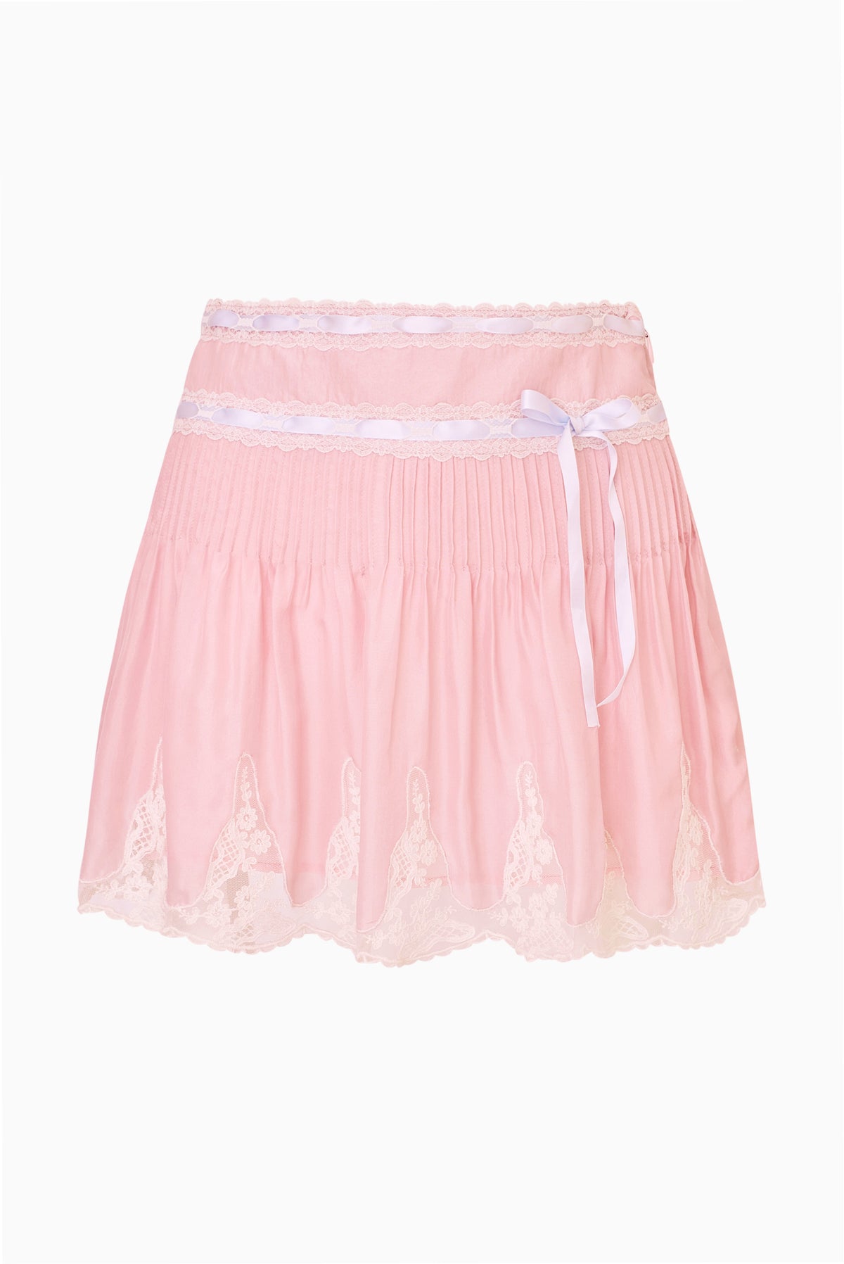 Silk lace mini skirt in soft pink with sheer overlay and lace-trimmed ruffles