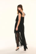 Black silk chiffon maxi dress with sleeveless bodice and lace-trim flowing skirt
