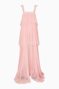 Maralee silk chiffon maxi dress in potpourri pink, tiered ruffle sleeveless design