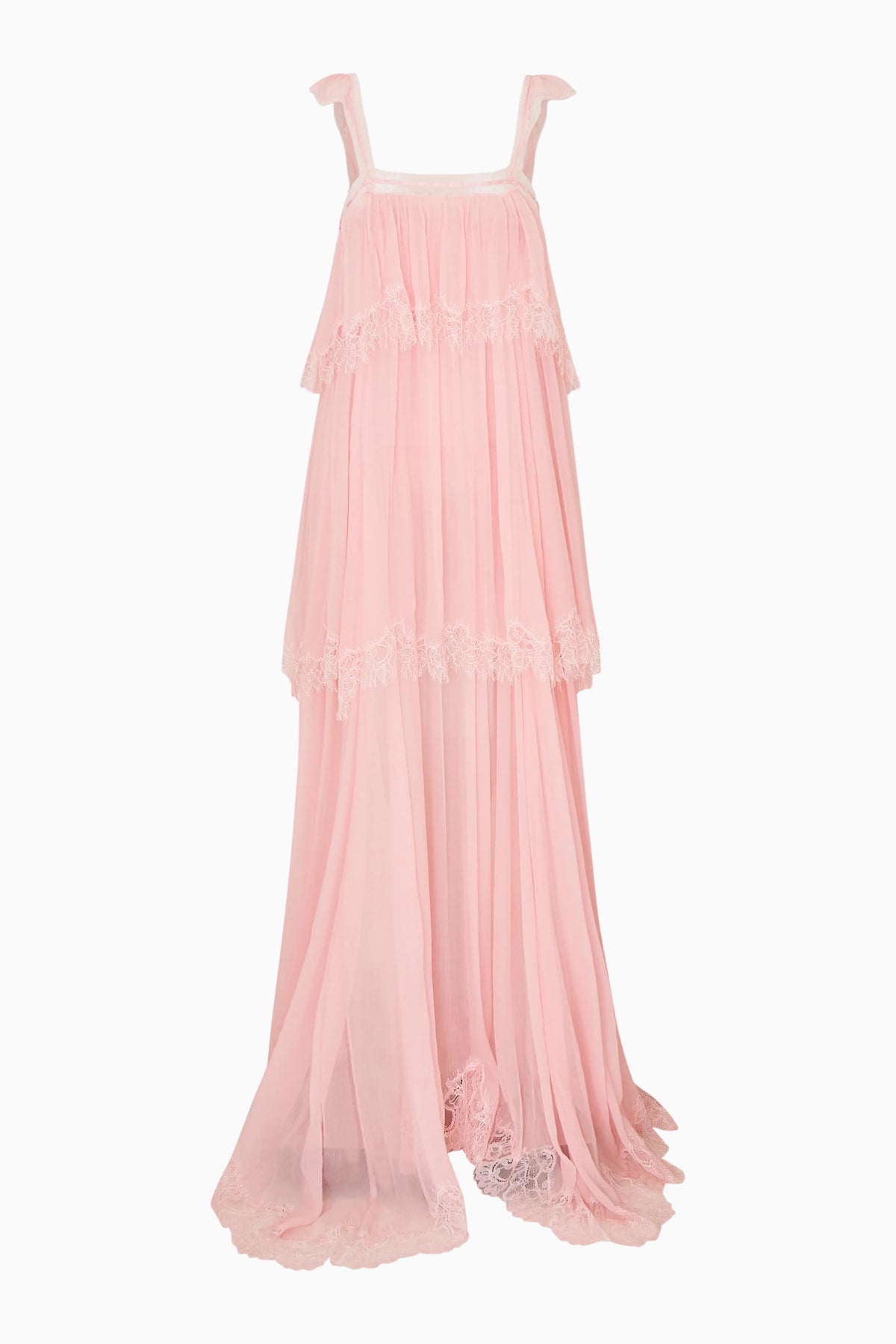 Maralee silk chiffon maxi dress in potpourri pink, tiered ruffle sleeveless design