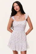 Cherry print mini dress with square neckline and tiered ruffle skirt, sleeveless
