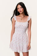 Cherry stripe mini dress with square neck, smocked bodice, and tiered ruffle skirt