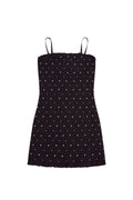 Girls' Marcado smocked dress in black with tiny white dots, spaghetti straps