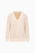 Cream wool jacquard cardigan with gold star pattern, flat lay, V-neck button front
