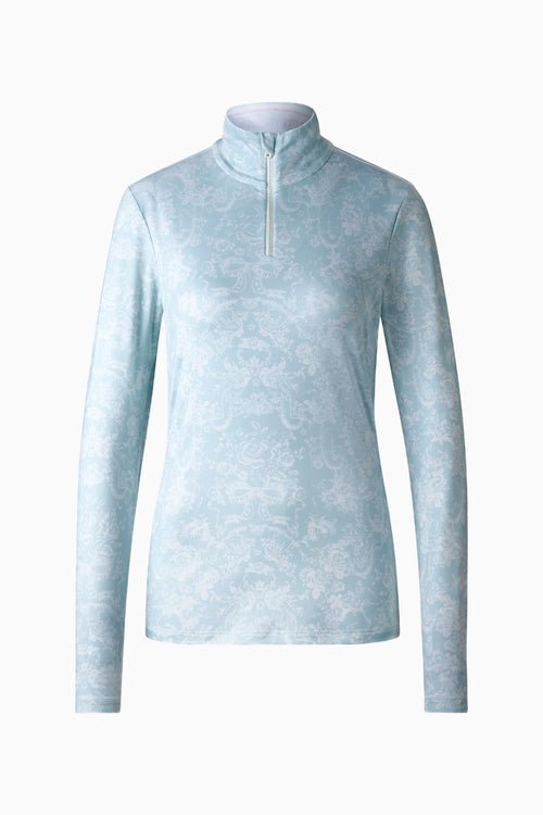 Women’s light blue half-zip pullover with subtle allover pattern, stand collar