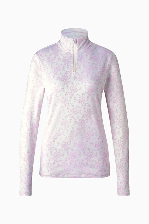 Women’s pale pink half-zip pullover with subtle allover pattern, stand collar