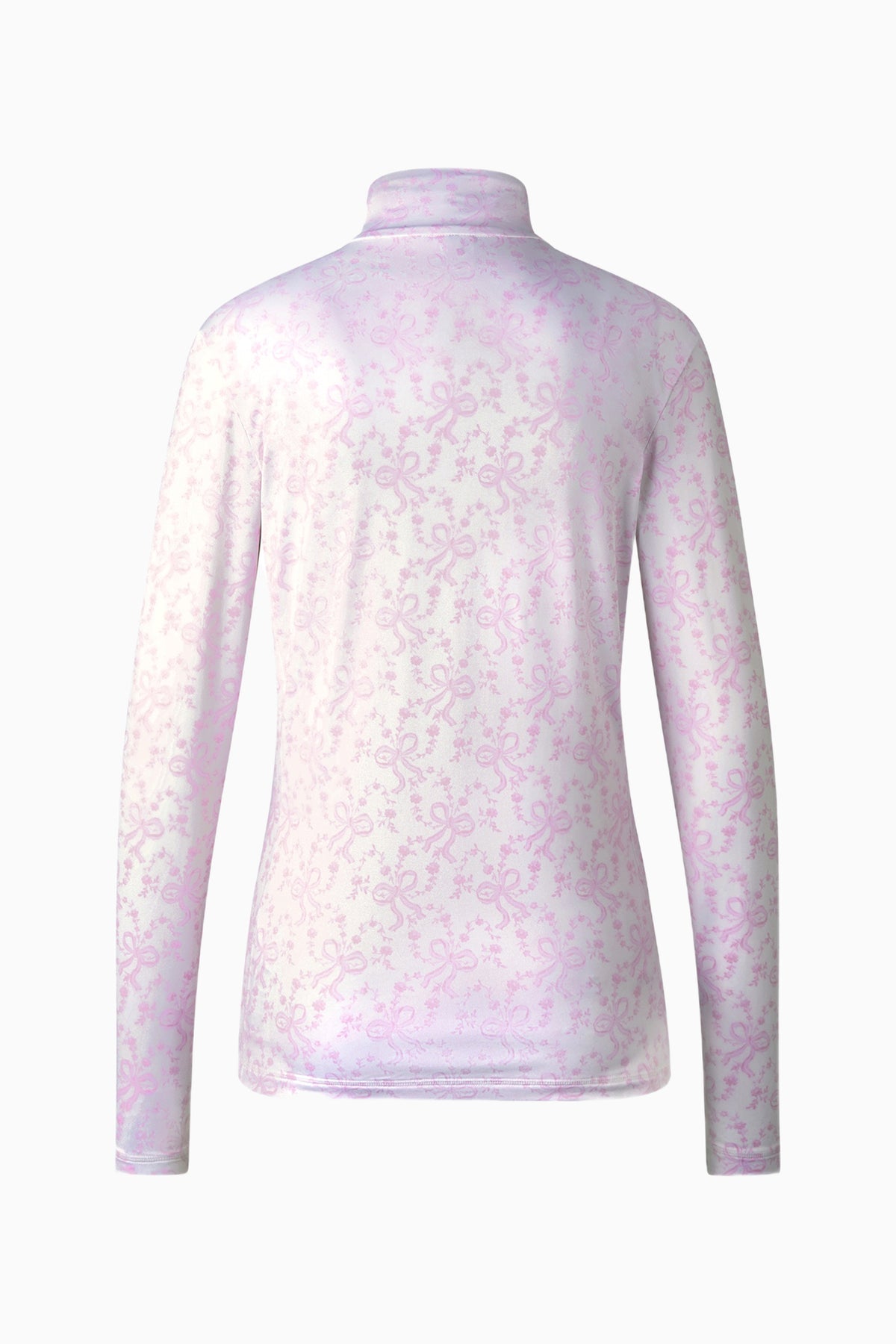 Women’s half-zip pullover in pale pink with subtle allover pattern, long sleeves