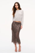 Pewter metallic lace midi skirt with straight fit and scalloped fringed hem