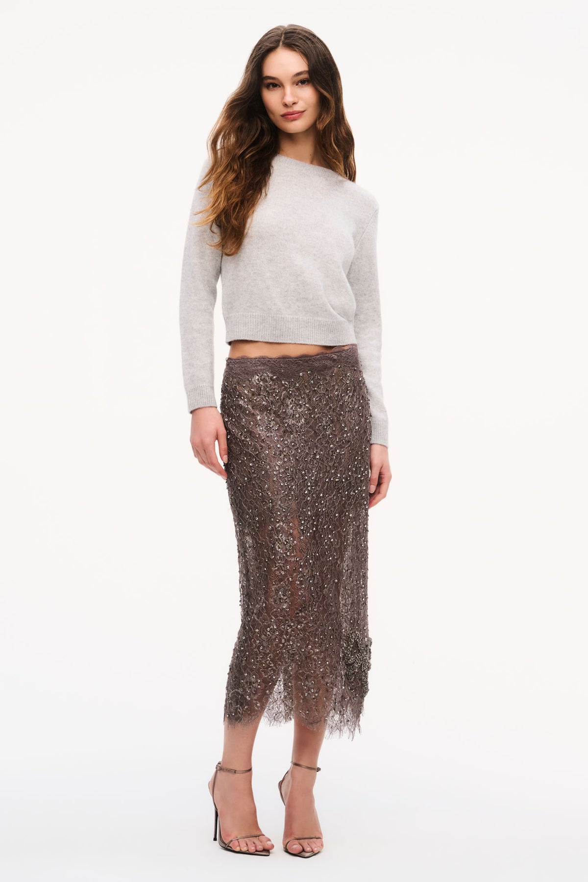 Pewter metallic lace midi skirt, straight fit, scalloped fringed hem