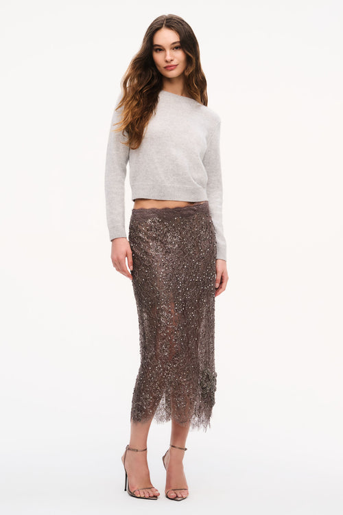 Pewter metallic lace midi skirt, straight fit, scalloped fringed hem