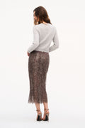 Pewter metallic lace midi skirt with straight back and scalloped fringed hem