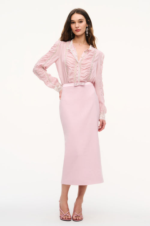 Mauve midi pencil skirt with smooth front and waist band detail