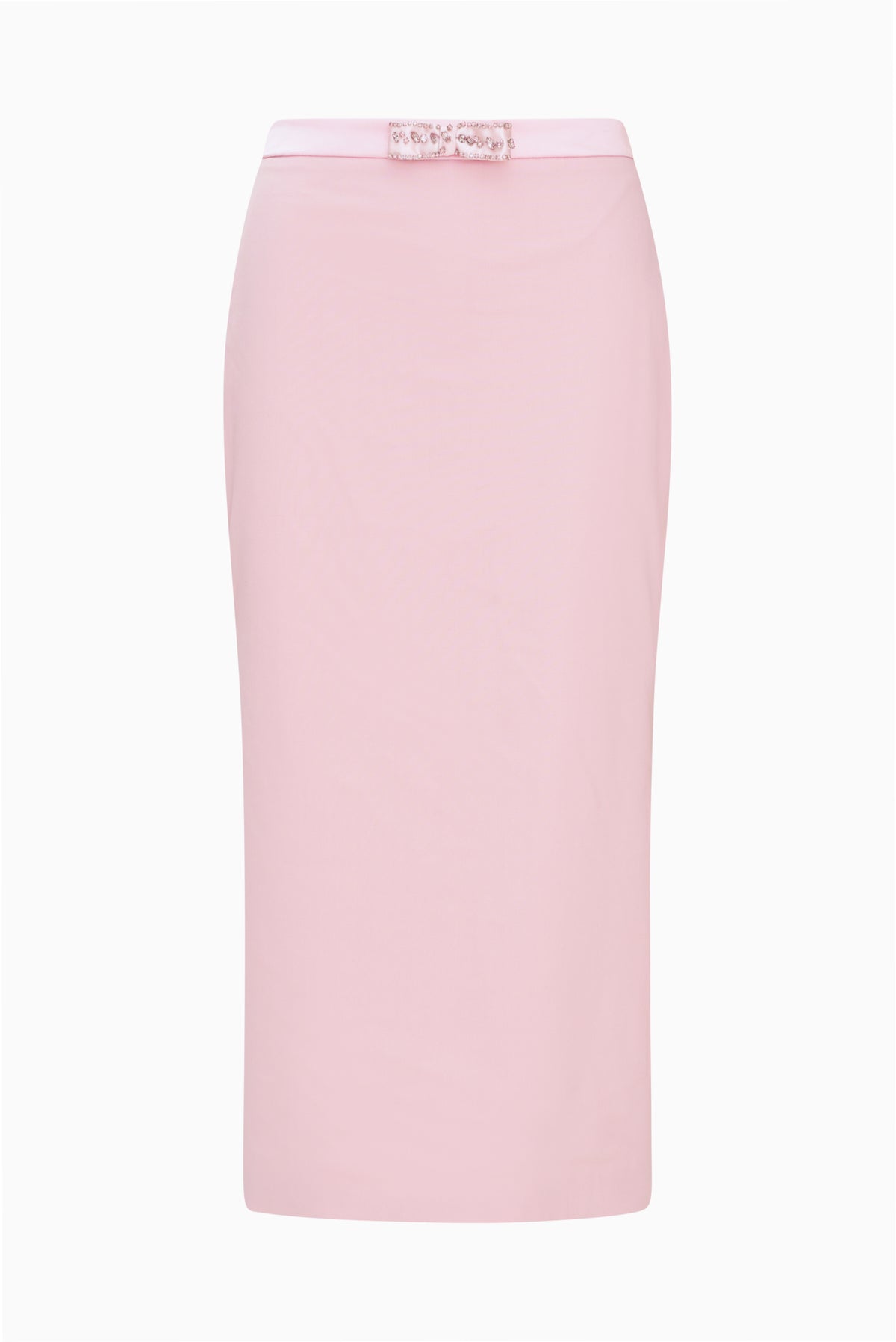 Mauve midi pencil skirt, straight fitted front view
