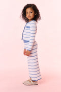 Girls striped crochet cardigan in light blue and white, button-front, ribbed trim