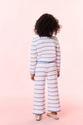Girls striped crochet cardigan back view, light blue and white stripes, ribbed hem