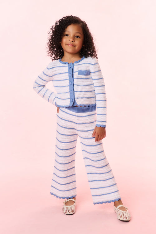Girls striped crochet cardigan with button-front and chest pocket, light blue and white stripes
