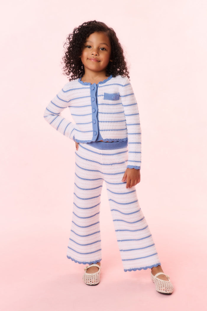 Girls striped crochet cardigan with button-front and chest pocket, light blue and white stripes