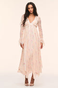 Sheer floral silk duster with lace trim and tiered midi hem