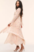 Silk lace-trimmed sheer duster, pale floral print with flowing tiered skirt