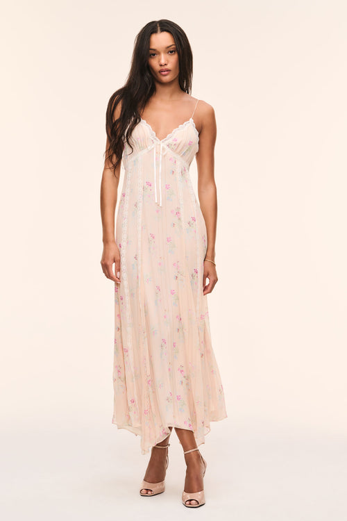 Cream silk slip dress with spaghetti straps, lace trim V-neck, floral print midi length