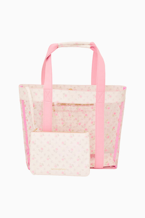 Clear ditzy floral PVC tote bag with pink straps and front inner organizer panel