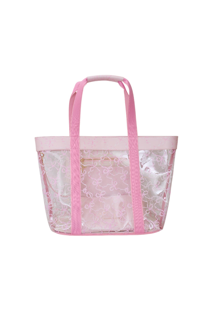Pink beach tote with clear front panel and fabric mesh sides
