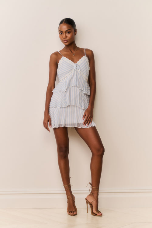 Light blue striped chiffon mini dress full length, lace spaghetti straps and ruffle tier hem