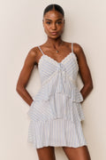 Light blue striped chiffon mini dress front view, lace-trimmed neckline and tiered skirt ruffles