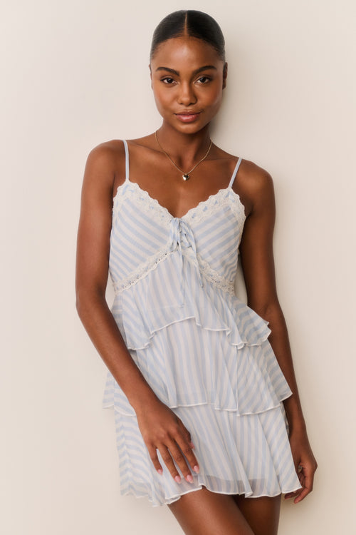 Light blue striped chiffon mini dress, scalloped lace neckline, spaghetti straps, tiered ruffles
