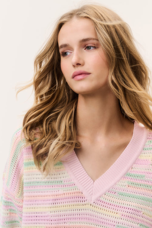 Pastel striped crochet pullover close-up of V-neck and textured crochet knit