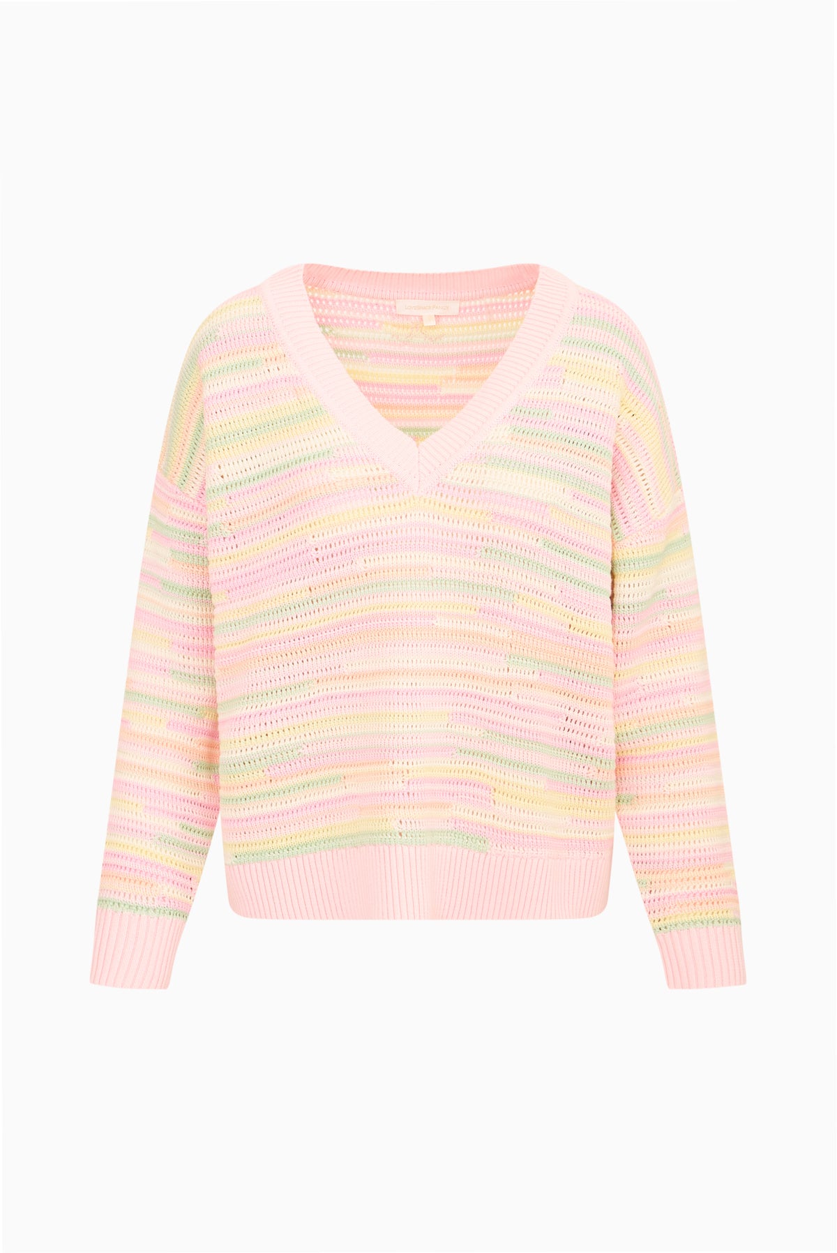 Pastel striped crochet pullover with V-neck, long sleeves, ribbed hem and cuffs