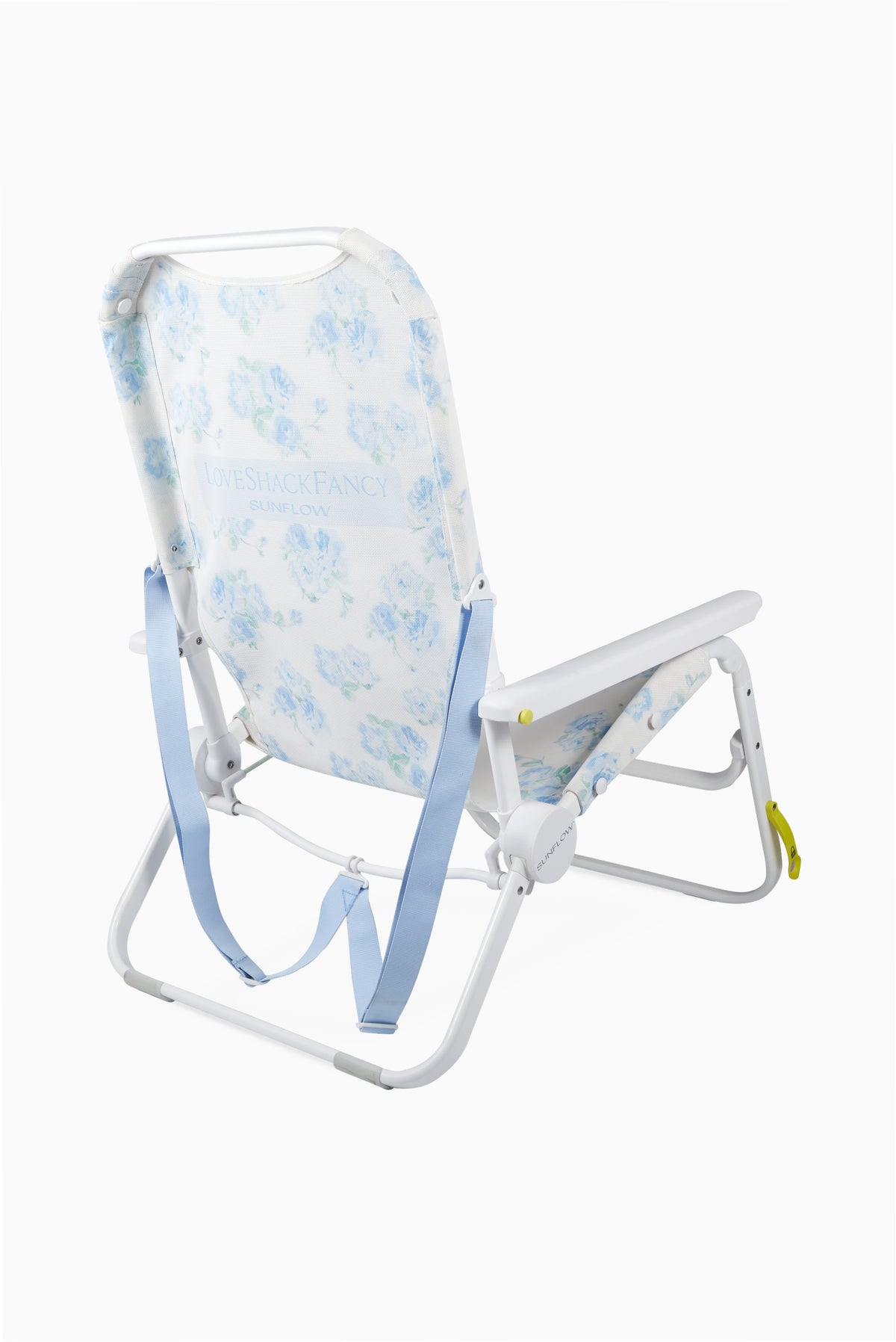 Blue floral ikat beach chair rear view with hanging safety strap detail