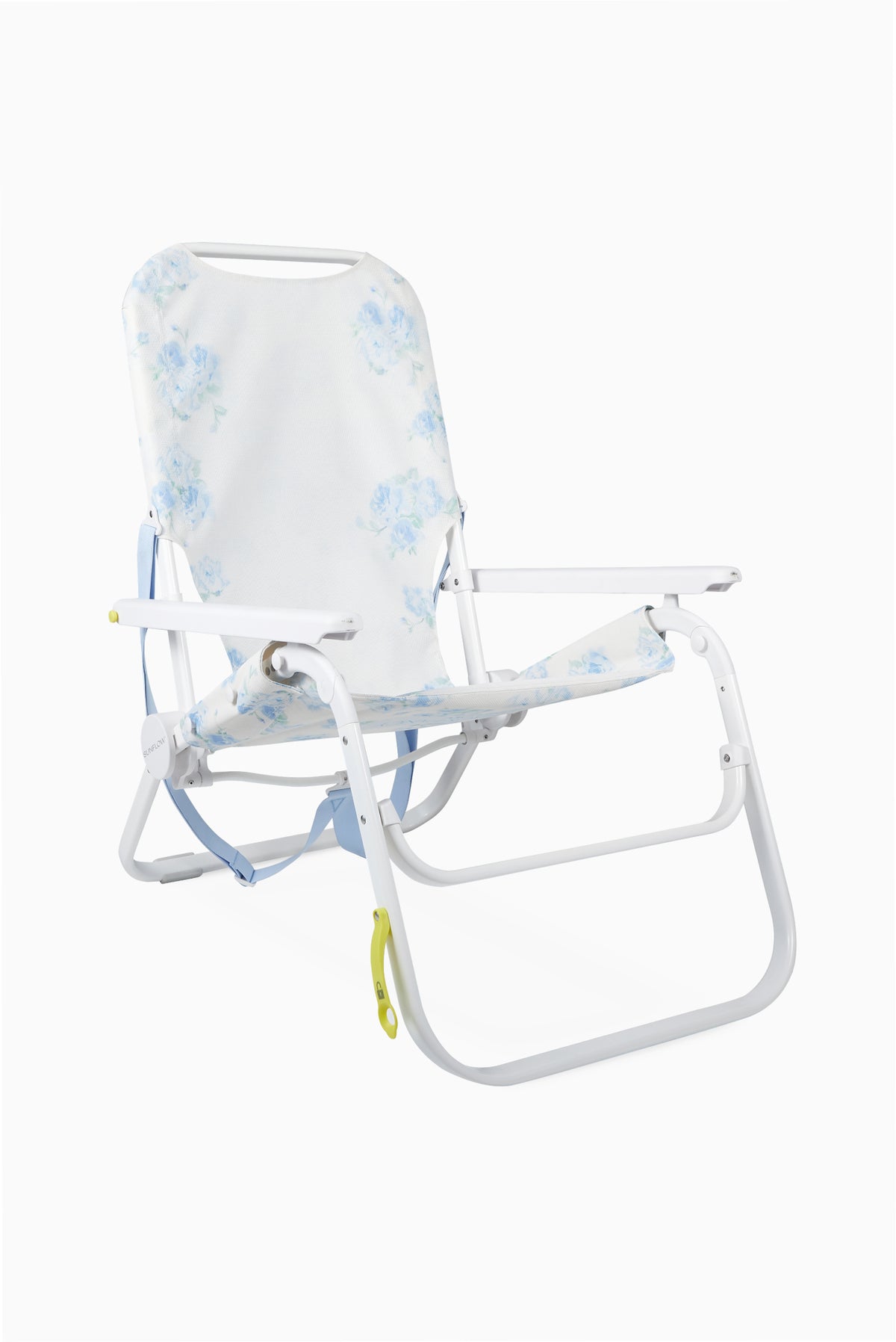Blue floral ikat beach chair side view with armrests and adjustable straps