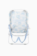 Blue floral ikat beach chair front view with padded seat and fabric canopy