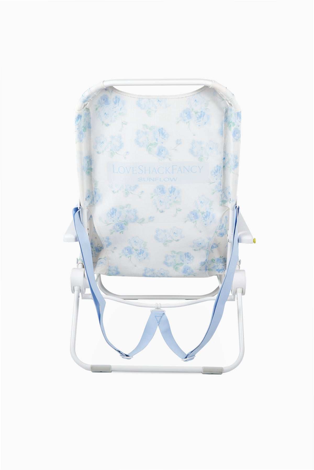 Blue floral ikat beach chair front view with padded seat and fabric canopy
