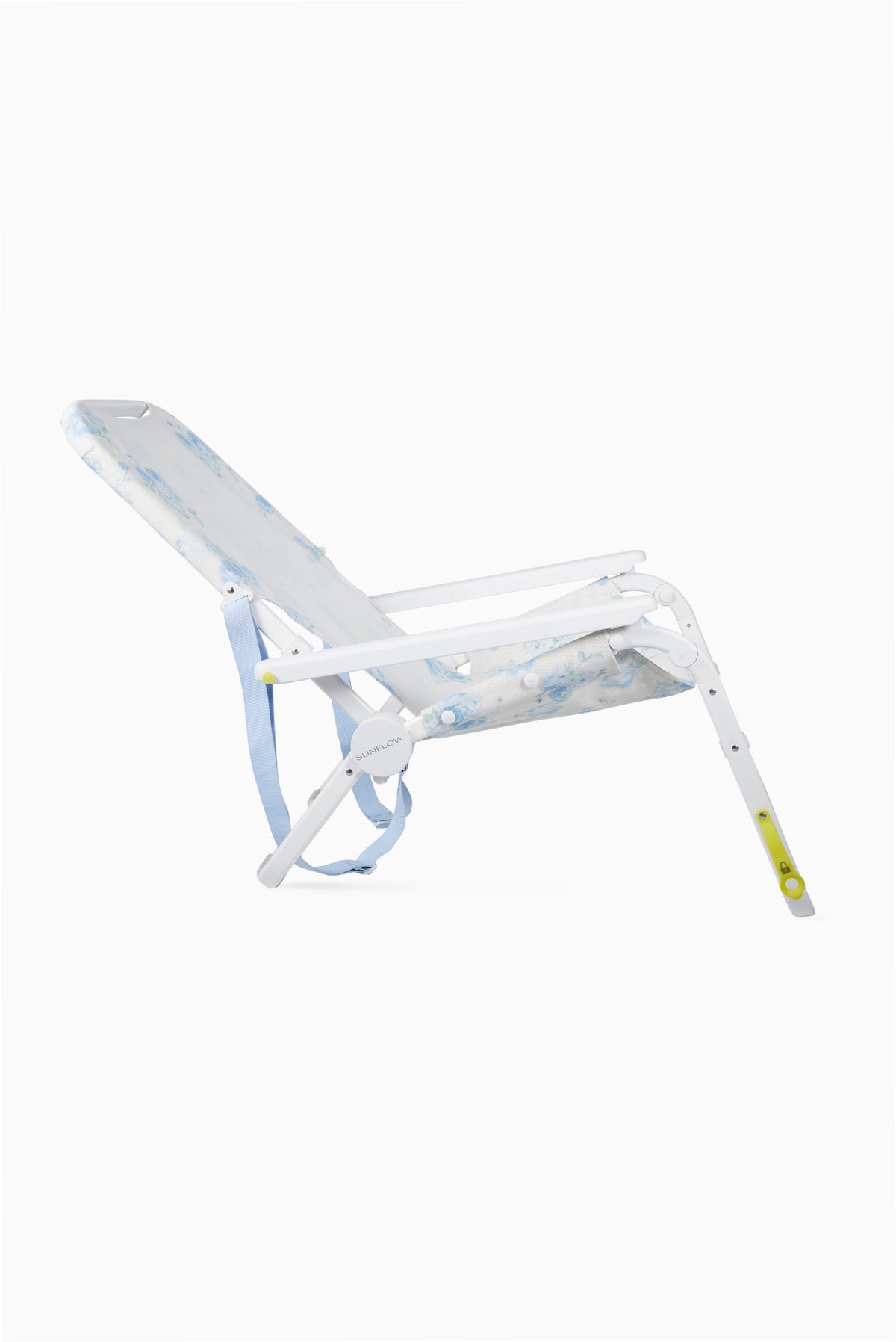 Blue floral ikat beach chair with white frame and reclining seat