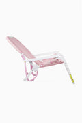 Floral ikat beach chair with pink seat fabric and white frame, adjustable backrest