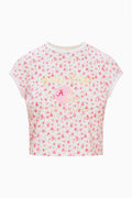Cropped ringer tee with pink floral print and small “A” logo on chest