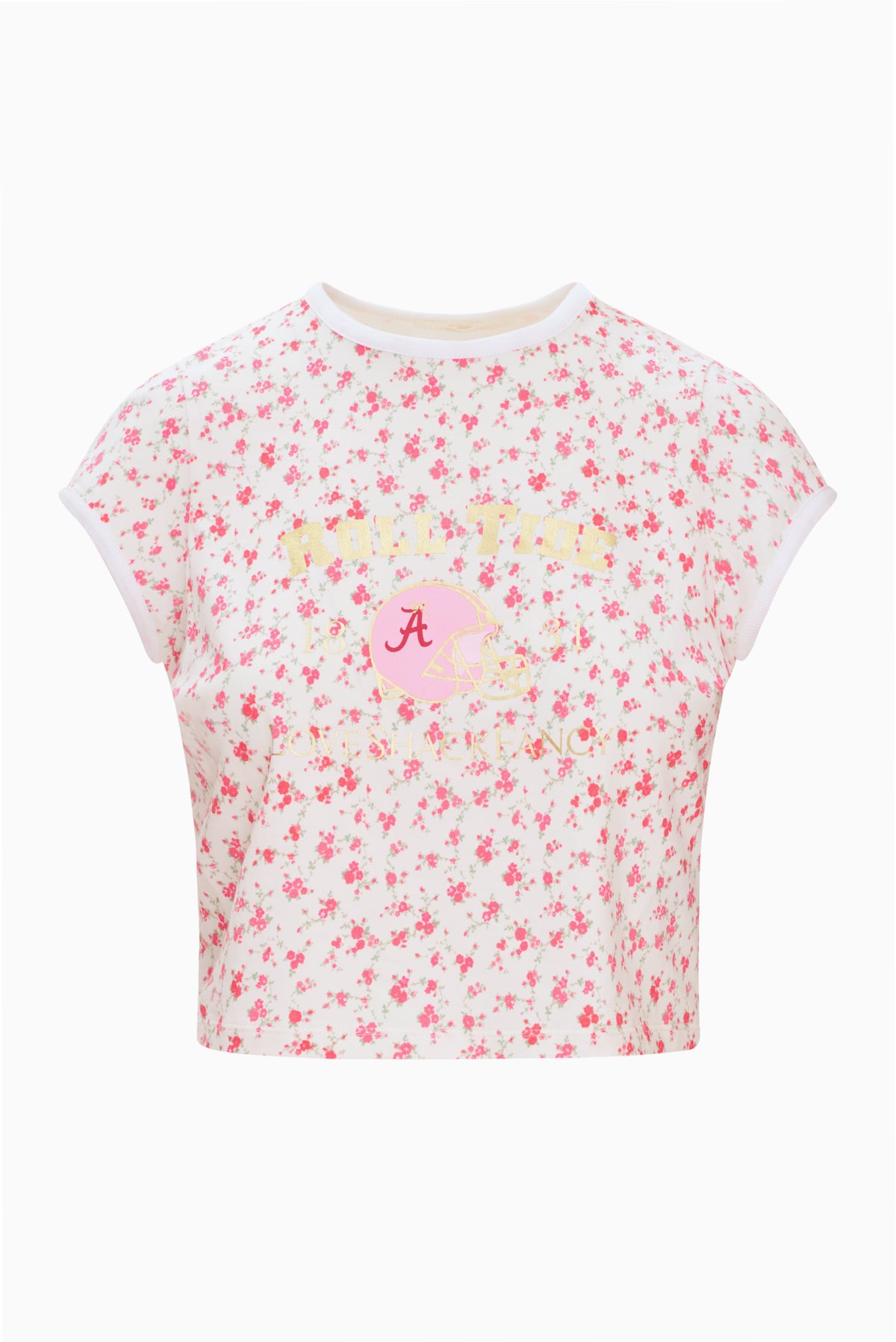 Cropped ringer tee with pink floral print and small “A” logo on chest