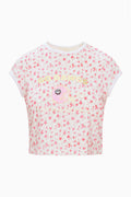 Pink floral ringer tee with crew neck and central helmet graphic