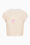 Cream floral ringer tee with white crew neck trim and small team graphic
