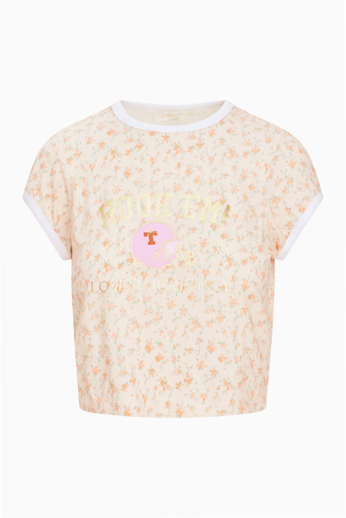 Cream floral ringer tee with white crew neck trim and small team graphic