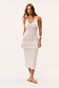 Ivory sleeveless crochet midi dress with V-neck, intricate openwork lace panels